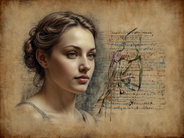 Auf dem Bild ist ein Porträt einer jungen Frau zu sehen, das durch die weichen Linien und den sanften Ausdruck eine gewisse Harmonie ausstrahlt. Diese ästhetischen Qualitäten erinnern an die Ideale der Weimarer Klassik, die sich mit der Verbindung von Schönheit, Menschlichkeit und der Natur beschäftigen.Der Hintergrund scheint eine Art Schrift oder Notation zu zeigen, was die Verbindung zur Kunst und Literatur verstärkt und an die bedeutenden literarischen und philosophischen Strömungen dieser Zeit erinnert. Vielleicht repräsentiert das Bild auch den geistigen und kreativen Ausdruck, der in der Weimarer Klassik geschätzt wurde, und bringt gleichzeitig eine moderne Interpretation dieser Themen zum Vorschein.