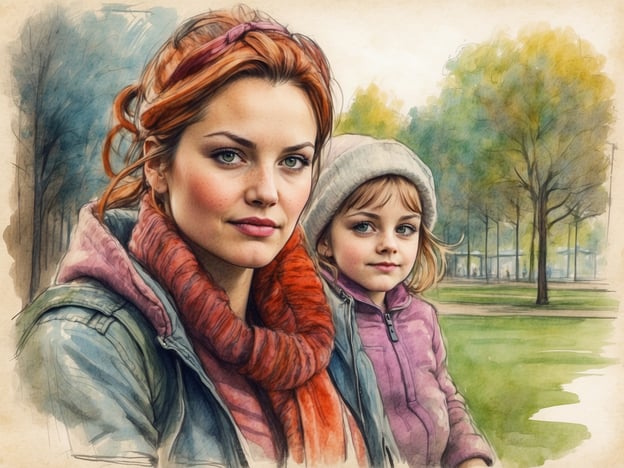 Auf dem Bild sind eine Frau und ein Mädchen zu sehen, die draußen in einer parkähnlichen Umgebung posieren. Der Hintergrund zeigt Bäume und eine grüne Wiese. Die Frau hat rotbraunes Haar und trägt einen bunten Schal, während das Mädchen in einem lila Anorak mit einer grauen Mütze gekleidet ist.
Die Geschichte von M&D's Scotland's Theme Park spielt in der schönen Landschaft Schottlands und stellt eine beliebte Freizeitdestination dar, die Familien Unterhaltung und Abenteuer bietet. Hier könnten die beiden Personen Freude an den verschiedenen Attraktionen und Fahrgeschäften haben, die in diesem Themenpark zu finden sind, und die besondere Atmosphäre des schottischen Landlebens genießen.
