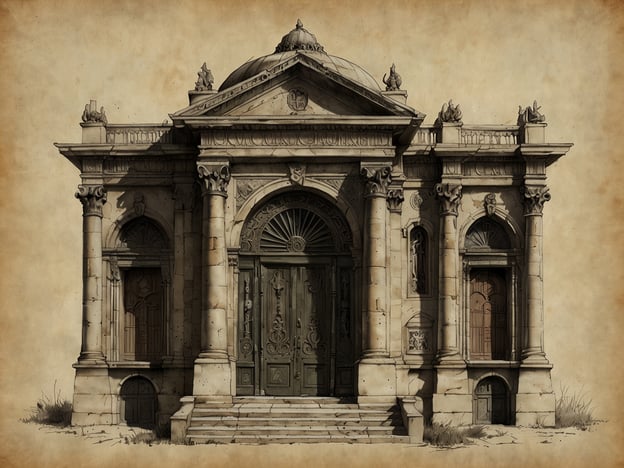 Auf dem Bild ist ein beeindruckendes mausoleumähnliches Gebäude zu sehen, das durch seine Architektur und Gestaltung auffällt. Die Fassade zeigt eine klassische Bauweise mit aufwendigen Details, wie Säulen, verzierten Türöffnungen und einem gewölbten Dach.Die Verwendung von Symmetrie und klassischen architektonischen Elementen, wie Pilastern und Friesen, verleiht dem Gebäude einen majestätischen Eindruck. Die geschnitzten Verzierungen, insbesondere um die Türen und Fenster, deuten darauf hin, dass es sich um einen Ort der Ehrfurcht handelt, typischerweise für Gedenk- oder Bestattungszwecke.Die sanft abgenutzten Oberflächen und der historische Look der Materialien könnten darauf hindeuten, dass das Bauwerk schon einige Zeit besteht, was es zusätzlich mystisch wirken lässt. Insgesamt strahlt die Gestaltung des Gebäudes eine respektvolle und ehrende Atmosphäre aus, die oft mit Friedhofsarchitektur assoziiert wird.