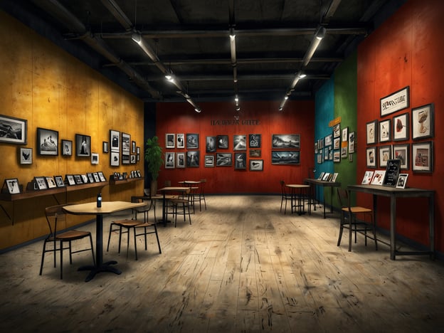 Das Bild zeigt einen modernen Ausstellungsraum, der möglicherweise in einem Museum oder einer Galerie eingerichtet ist. Die Wände sind in verschiedenen Farben gestrichen, und verschiedene Bilder sind in schlichten Rahmen aufgehängt. In der Mitte des Raumes stehen einige Tische mit Stühlen, die eine einladende Atmosphäre schaffen. Pflanzen ergänzen die Einrichtung und sorgen für ein angenehmes Ambiente.Im Kontext des Goethe Nationalmuseums, das sich mit dem Leben und Werk von Johann Wolfgang von Goethe beschäftigt, könnte dieser Raum eine temporäre Ausstellung oder eine Präsentation von Künstlern oder Themen inspirieren, die Goethe und seine Zeit beeinflusst haben. Das Museum ist bekannt für seine vielseitigen Ausstellungen und könnte in einer solchen Umgebung eine Brücke zwischen Weimarer Klassik und zeitgenössischer Kunst schlagen.