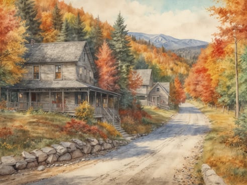 Eine malerische Landschaft mit zwei alten Holzhäusern, umgeben von bunten Herbstbäumen in Rot- und Orangetönen. Der gepflasterte Weg schlängelt sich zwischen den Häusern entlang und führt in die Ferne, wo sanfte Berge zu sehen sind. Die Szene strahlt eine ruhige und idyllische Atmosphäre aus, ideal für einen herbstlichen Roadtrip. Die Häuser haben Veranden, auf denen einige Möbel stehen, und die umliegende Natur zeigt die Schönheit des Herbstes.