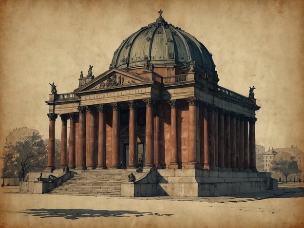 Auf dem Bild ist ein beeindruckendes architektonisches Gebäude zu sehen. Es handelt sich um einen eindrucksvollen Bau mit einer kuppelförmigen Dachkonstruktion und Säulenfassade. Die Stufen führen zu einem Eingangsbereich, der von großen Säulen flankiert wird. Darüber befindet sich ein dekoratives Detail mit Skulpturen. Die Gesamtgestaltung vermittelt einen klassischen und imposanten Eindruck, unterstützt durch die sepiafarbene Hintergrundtextur, die dem Bild eine historische Anmutung verleiht.