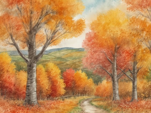 Eine malerische Herbstlandschaft mit bunten Bäumen in verschiedenen Gelb- und Rottönen. Ein geschwungener Pfad führt durch die Szene, während im Hintergrund sanfte Hügel sichtbar sind. Der Himmel ist klar und zeigt sanfte, hellblaue Töne, die die wärmenden Farben des Herbstes unterstreichen. Diese Idylle vermittelt ein Gefühl von Ruhe und Naturverbundenheit, ideal für einen Last-Minute Herbsturlaub.