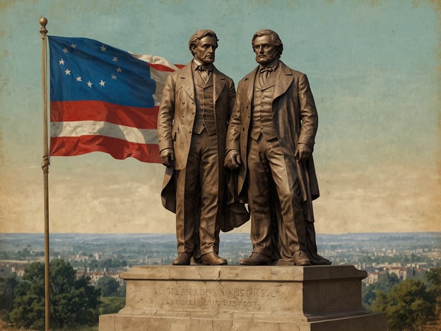 Auf dem Bild sind zwei Statuen abgebildet, die offensichtlich bedeutende historische Figuren darstellen. Das Denkmal könnte auf eine wichtige Verbindung oder Zusammenarbeit zwischen diesen Personen hinweisen, möglicherweise in einem historischen Kontext, der mit der politischen oder sozialen Geschichte eines Landes verbunden ist.Die Anwesenheit der Flagge im Hintergrund könnte darauf hindeuten, dass die Statuen mit der Geschichte dieses Landes stark verwoben sind. Oftmals werden solche Denkmäler errichtet, um das Andenken an herausragende Persönlichkeiten zu bewahren, die zur Entwicklung von wichtigen historischen Ereignissen beigetragen haben.Ein Beispiel könnte ein Denkmal für Führer oder Persönlichkeiten sein, die in der Zeit des Bürgerkriegs oder bei der Abolition der Sklaverei eine Rolle gespielt haben. Solche Denkmäler werden oft errichtet, um die Errungenschaften und den Einfluss dieser Figuren auf die Gesellschaft zu ehren und zu erinnern.