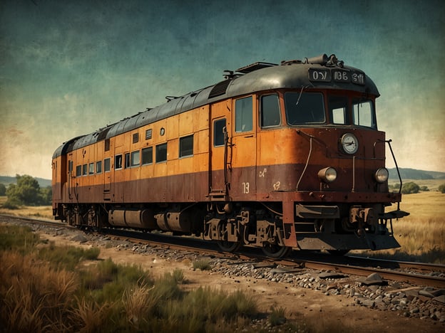 Auf dem Bild ist eine alte Lokomotive zu sehen, die auf einer Bahnstrecke steht. Die Lok hat eine orange-braune Farbe und zeigt Abnutzungserscheinungen, was auf ihr Alter hinweist. Der Hintergrund wirkt ländlich mit leicht bewaldeten Flächen und einem offenen Himmel. Die Lokomotive scheint nicht in Betrieb zu sein und ist auf Schienen positioniert, die durch eine natürliche Umgebung führen.Fazit: Das Bild vermittelt ein nostalgisches Gefühl und zeigt die Schönheit und den Charme historischer Lokomotiven in einer ländlichen Kulisse.