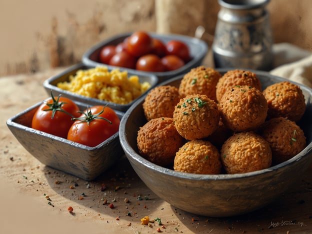 Auf dem Bild sind köstliche kulinarische Highlights zu sehen. Im Vordergrund befinden sich goldbraune, knusprige Bällchen, die vermutlich frittiert sind und eine appetitliche Struktur haben. Diese könnten auf eine leckere Art von Falafel oder ähnlich zubereiteten Snacks hinweisen.In den hinteren Schalen gibt es frische, rote Kirschtomaten, die für eine saftige und süße Komponente sorgen. Daneben findet sich eine gelbe, möglicherweise gewürzte Reis- oder Couscous-Zubereitung, die als Beilage dient. Diese Zusammenstellung bietet eine bunte und ansprechende Mischung aus verschiedenen Geschmäckern und Texturen, ideal für eine gesunde und schmackhafte Mahlzeit.