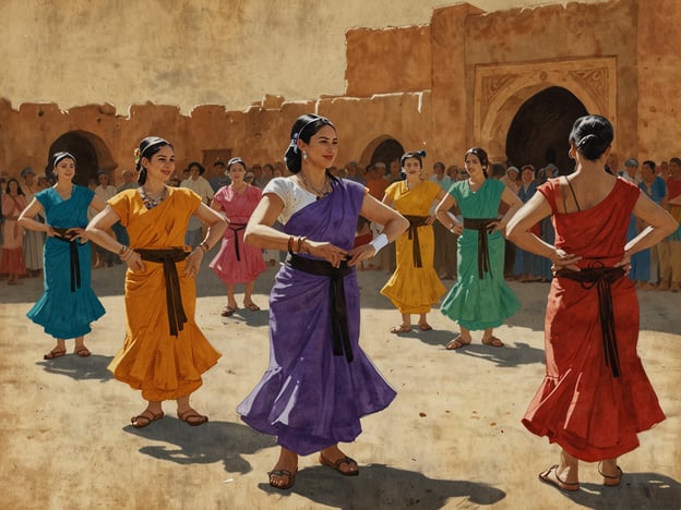 Auf dem Bild sind mehrere Frauen in bunten, traditionellen Gewändern zu sehen, die in einer Form von Tanz oder Aufführung engagiert sind. Die Frauen scheinen sich in einem kreisförmigen Muster zu bewegen, was oft mit kulturellen Festen und Feierlichkeiten assoziiert wird. Es könnte sich um eine folkloristische Darbietung handeln, die Teil eines Festes oder einer kulturellen Veranstaltung ist, bei der Menschen zusammenkommen, um Traditionen, Musik und Tanz zu feiern.Im Hintergrund sind viele Zuschauer versammelt, was auf eine Art von Gemeinschaftsereignis hinweist. Solche kulturellen Aktivitäten fördern nicht nur den Zusammenhalt innerhalb der Gemeinschaft, sondern bieten auch einen Raum, um Traditionen zu bewahren und weiterzugeben. Der Tanz könnte auch mit speziellen Anlässen, wie Hochzeiten oder Erntefesten, verbunden sein und ist eine Möglichkeit, die Identität und das Erbe der darbietenden Gruppe auszudrücken.