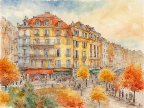 Eine malerische Straßenszene mit mehreren bunten Gebäuden im Hintergrund, deren Fassaden in sanften Farben gehalten sind. Die Umgebung ist von leuchtend orangefarbenen Herbstbäumen gesäumt, die das Bild lebendig machen. Auf dem Platz befinden sich zahlreiche Menschen, die in verschiedenen Richtungen spazieren gehen. Im Vordergrund sind einige Terrassen mit grünen Markisen zu sehen, die einladend wirken. Der Himmel ist hell und wolkenverhangen, was eine ruhige herbstliche Atmosphäre schafft.