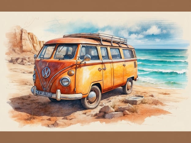 Auf dem Bild ist ein orangefarbener Volkswagen Bulli (VW Bus) zu sehen, der an einem Strand steht, umgeben von Felsen und dem Meer im Hintergrund. Der Bus vermittelt ein Gefühl von Freiheit und Abenteuer, typisch für Roadtrips und Camping-Ausflüge.
### Tipps und Empfehlungen für einen Besuch:
1. **Ideal für Roadtrips**: Plane einen Roadtrip entlang der Küste, um die malerische Landschaft zu genießen. Halte an verschiedenen Stränden, um die Aussicht zu bewundern und Fotos zu machen.
2. **Campen**: Wenn du die Freiheit eines Bullis genießen möchtest, überlege, ob du campen gehen kannst. Viele Strände bieten Campingplätze mit Zugang zu Wasser und Einrichtungen.
3. **Essen und Trinken**: Packe Snacks und Getränke ein, um ein Picknick am Strand zu genießen. Frisch zubereitete Sandwiches und Früchte sind ideal.
4. **Aktivitäten**: Nutze die Gelegenheit für Aktivitäten wie Schwimmen, Surfen oder einfaches Entspannen am Strand. Vergiss nicht, eine Strandliege und Sonnenschutzmittel mitzunehmen!
5. **Naturerlebnis**: Erkunde die Umgebung, gehe auf kleine Wanderungen und entdecke die lokale Flora und Fauna.
6. **Fotos machen**: Mache viele Fotos vom Bulli vor der malerischen Kulisse, um Erinnerungen festzuhalten.
7. **Nachhaltigkeit**: