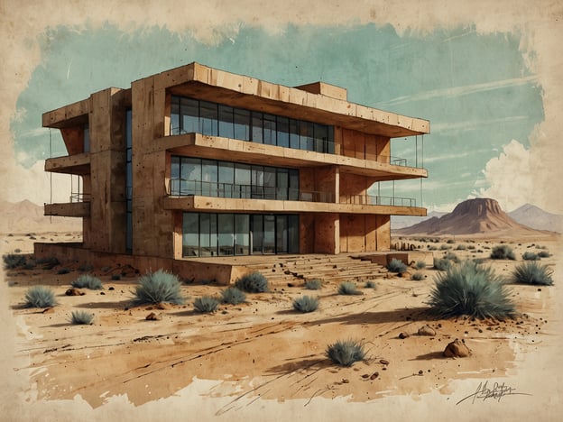 Auf dem Bild ist ein modernes, mehrstöckiges Gebäude zu sehen, das in einer kargen Wüstenlandschaft steht. Die Architektur des Gebäudes erinnert an zeitgenössisches Design mit großen Fensterflächen, die viel Licht hereinlassen. Die Umgebung ist geprägt von sandigem Boden und spärlicher Vegetation, was typisch für die Wüstenregionen der Arabischen Halbinsel ist.Die arabische Halbinsel ist bekannt für ihre beeindruckenden Wüstenlandschaften, wie die Rub al-Chali, auch bekannt als das „Leere Viertel“, sowie ikonische Gebirgsketten wie die Hedschas und der Asir. Diese Region vereint alte Traditionen mit modernem Bauwesen, was in diesem Bild durch das harmonische Zusammenspiel von Natur und Architektur zum Ausdruck kommt.
