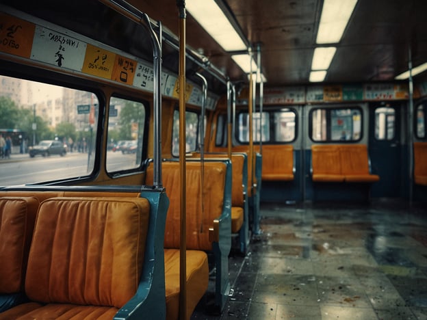 Auf dem Bild ist das Innere eines leeren öffentliches Verkehrsmittels, wahrscheinlich eines Busses oder einer Bahn, zu sehen. Die Sitze sind orange und es gibt Hochhaltestangen.
**Praktische Tipps für deine Reise:**
1. **Öffentliche Verkehrsmittel nutzen:** Informiere dich über die Fahrpläne und Routen der öffentlichen Verkehrsmittel, um schnell und kostengünstig zu reisen.
2. **Sitzplätze:** Falls möglich, wähle einen Platz in der Nähe der Türen, um ein schnelles Ein- und Aussteigen zu ermöglichen.
3. **Sicherheit:** Achte darauf, deine Wertsachen sicher zu verstauen, besonders in vollen Verkehrsmitteln.
4. **Ruhezeiten:** Sei rücksichtsvoll, wenn du in einem öffentlichen Verkehrsmittel sitzt – vermeide laute Gespräche oder Musik.
5. **Sauberkeit:** Halte das Umfeld sauber, indem du deinen Müll mitnimmst.