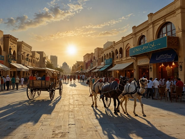 Auf dem Bild sind eine belebte Straße und ein malerischer Markt in einer Stadt zu sehen, wahrscheinlich im arabischen Raum. Die Architektur hat einen traditionellen Stil, typisch für viele Städte in der Region.Es gibt eine Pferdekutsche, die durch die Straße fährt, sowie mehrere Menschen, die die Umgebung genießen. Die Aktivitäten auf dem Markt könnten das Einkaufen lokaler Produkte, das Probieren von Speisen oder das Entdecken von Souvenirs umfassen.Im Hintergrund sieht man eine beeindruckende Moschee mit einer Kuppel, die wahrscheinlich ein bekanntes Wahrzeichen der Stadt ist. Der Sonnenuntergang schafft eine wunderschöne Atmosphäre, die zum Flanieren und Erkunden einlädt.