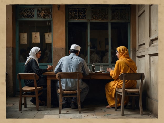 Auf dem Bild sind drei Personen zu sehen, die an einem Tisch sitzen und miteinander essen oder trinken. Die Atmosphäre wirkt freundlich und entspannt. Die Personen sind in traditioneller Kleidung gekleidet, was auf eine kulturelle oder religiöse Bedeutung hinweisen könnte.**Tipps für das Verhalten vor Ort:**1. **Respektiere die Kultur:** Achte darauf, die lokale Kultur und Bräuche zu respektieren, insbesondere in Bezug auf Essen und Kleidung.2. **Rücksichtsvoll kommunizieren:** Sprich leise und respektvoll, um die Privatsphäre der Anwesenden zu wahren.3. **Fotografieren mit Bedacht:** Frage vorher um Erlaubnis, wenn du Fotos machen möchtest, um die Personen nicht in eine unangenehme Lage zu bringen.4. **Hygiene beachten:** Wasche dir die Hände vor dem Essen, um gute Hygienestandards zu wahren.5. **Gerichte kennen:** Informiere dich über die Speisen und Getränke, um vor Ort besser kommunizieren zu können und eventuelle Allergien zu beachten.Diese Tipps tragen dazu bei, eine positive Interaktion in respektvollen sozialen Räumen zu fördern.