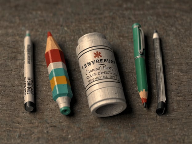 Auf dem Bild sind verschiedene Schreibutensilien zu sehen, darunter Buntstifte, ein Filzstift, ein Kugelschreiber und eine Art Flasche oder Behälter, die auf den ersten Blick wie eine Medikamentenverpackung aussieht.Bei der Verwendung von Schreibmaterialien sollten folgende Gesundheits- und Sicherheitsvorkehrungen beachtet werden:1. **Nicht essbar**: Achten Sie darauf, dass diese Materialien nicht zum Verzehr geeignet sind. Halten Sie sie von Kindern fern, um Verschlucken oder andere Verletzungen zu vermeiden.2. **Richtige Lagerung**: Lagern Sie Schreibutensilien an einem trockenen, sicheren Ort, um Schäden und das Risiko von Leckagen zu vermeiden.3. **Auf Allergien achten**: Überprüfen Sie die Inhaltsstoffe von Farben oder Tinten, insbesondere wenn Sie Allergien haben, und verwenden Sie im Zweifelsfall ungiftige Produkte.4. **Sichere Verwendung**: Verwenden Sie Schreibutensilien gemäß den Anweisungen, um Verletzungen durch Schnitt- oder Stichverletzungen zu vermeiden.5. **Umweltbewusst**: Entsorgen Sie benutzte Materialien umweltgerecht, um Abfall zu minimieren und die Umwelt zu schützen.
