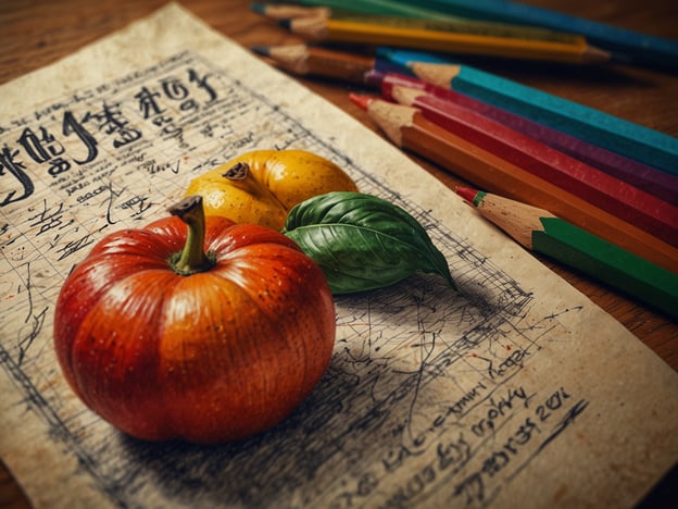 Auf dem Bild sind verschiedene Gegenstände zu sehen, die eine kreative Atmosphäre schaffen. Im Vordergrund liegen eine rote Kürbisfrucht, eine gelbe Frucht und frisches Basilikum auf einem Blatt, das mit handschriftlichen Notizen und Zeichnungen bedeckt ist. Die Verwendung von Obst und Kräutern ist in vielen Kulturen, einschließlich der deutschen, wichtig, etwa für die Zubereitung von saisonalen Gerichten oder in der traditionellen Küche.Im Hintergrund sind Buntstifte zu sehen, was darauf hindeutet, dass es sich möglicherweise um eine künstlerische Aktivität handelt. Dies könnte mit der deutschen Wertschätzung für Kunst und Handwerk in Verbindung stehen. Der Anblick könnte Inspiration für kreatives Arbeiten oder Kochen bieten, zwei Aktivitäten, die starke kulturelle Wurzeln haben. Solche Darstellungen sind oft auch Teil der herbstlichen Ästhetik, wenn viele frische Produkte aus den Gärten geerntet werden.