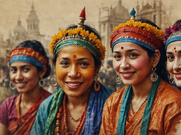 Auf dem Bild sind mehrere Frauen zu sehen, die farbenfrohe traditionelle Kleidung tragen und mit bunten Haarbändern sowie Schmuck geschmückt sind. Die Verwendung von lebendigen Farben und ornamentalen Elementen deutet auf eine kulturelle Feier oder ein Fest hin, möglicherweise im Kontext von Folklore oder Traditionen einer bestimmten Region, wie beispielsweise im indischen oder nepalesischen Raum.Die Frauen haben Gesichtsbemalungen oder Verzierungen, die oft bei Festen oder kulturellen Veranstaltungen zu sehen sind. In vielen asiatischen Kulturen, insbesondere in Indien und den umliegenden Ländern, sind solche Feste von großer Bedeutung, um die Gemeinschaft zu feiern, Rituale durchzuführen und kulturelle Traditionen hochzuhalten.Zusätzlich könnte das Lächeln und die offene Miene der Frauen auf eine freundliche Atmosphäre hindeuten, die oft bei gemeinschaftlichen Feiern zu finden ist. Solche Veranstaltungen fördern nicht nur die soziale Bindung, sondern auch die Wertschätzung der eigenen Kultur und Identität.