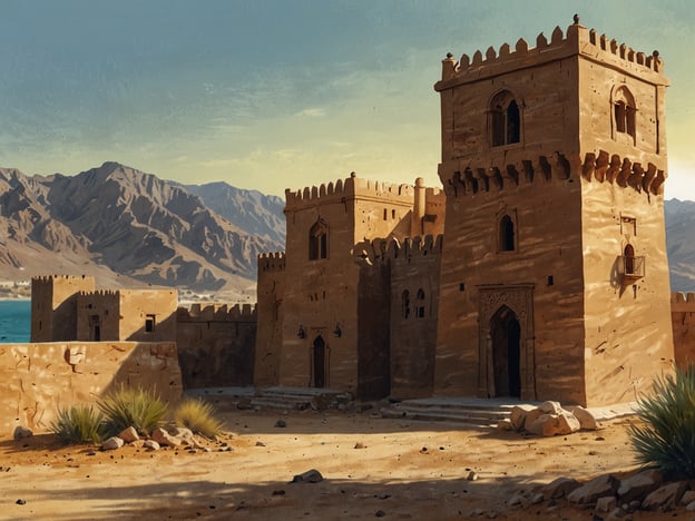 Oman ist ein faszinierendes Land auf der Arabischen Halbinsel, bekannt für seine reiche Geschichte, beeindruckende Architektur und atemberaubende Landschaften.Auf dem Bild ist eine historisch anmutende Festung oder ein Fort zu sehen, das aus beige gestrichenem Stein gebaut ist. Die Architektur weist charakteristische Elemente auf, wie hohe Türme mit Zinnen und filigranen Fenstern. Im Hintergrund sind sanfte Berge zu erkennen, die von einem klaren Himmel umrahmt werden, sowie Wasser, das auf die Küstenlinie hindeutet. Die Umgebung wirkt trocken und karg, was typisch für viele Regionen Omans ist.