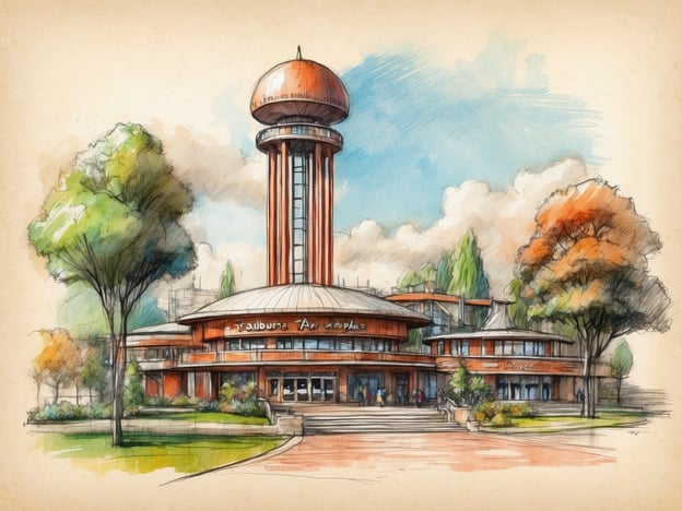 Auf dem Bild ist eine künstlerische Darstellung eines Gebäudes zu sehen, das an einen Freizeitpark oder einen Vergnügungspark erinnert. Es hat einen markanten Turm mit einer Kuppel und eine einladende Fassade, umgeben von Bäumen und einem gepflegten Garten.
In der Geschichte von Funderland könnten sich hier die Abenteuer der mutigen Bewohner abspielen, die sich auf eine Reise in eine Welt voller Spaß und Magie begeben. Das Gebäude könnte als das Hauptquartier, ein Restaurant oder ein Eintrittspunkt zu den aufregenden Attraktionen dienen, wo Kinder und Familien zusammenkommen, um unvergessliche Momente zu erleben.