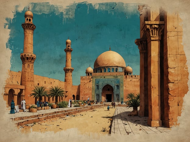 Auf dem Bild ist eine beeindruckende architektonische Szenerie aus einer historisch geprägten Stadt zu sehen. Die markanten Minarette und die große Kuppel weisen auf den islamischen Einfluss hin, der in vielen Regionen des Nahen Ostens und Nordafrikas verbreitet ist. Solche Bauwerke sind kulturelle Schätze, die oft mit Moscheen verbunden sind, wie sie in Städten wie Kairo oder Bagdad zu finden sind.Die Verwendung von warmen Erdtönen und die umgebenden Palmen vermitteln ein Gefühl der Wüste und der traditionellen Architektur. Menschen in traditionellen Gewändern deuten darauf hin, dass dies ein Ort des sozialen Austauschs und des kulturellen Lebens ist. Märkte, Feste und religiöse Versammlungen spielen in diesen Gemeinschaften eine wichtige Rolle und zeugen von einem reichen kulturellen Erbe.Insgesamt spiegelt das Bild die Schönheit und den Reichtum kultureller Traditionen wider, die in solchen historischen Stätten lebendig bleiben.