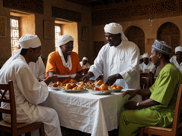 Auf dem Bild sind mehrere Männer zu sehen, die um einen Tisch mit einer Vielzahl von Speisen versammelt sind. Die Atmosphäre wirkt freundlich und entspannt, was auf eine gesellige Zusammenkunft hindeutet.Im Sudan spielen Essen und Gastfreundschaft eine zentrale Rolle im sozialen Leben. Mahlzeiten werden oft als Gelegenheit genutzt, um Beziehungen zu pflegen und Gemeinschaft zu stärken. Es ist üblich, dass Gäste mit offenen Armen empfangen werden, und das Teilen von Speisen gilt als Ausdruck von Freundschaft und Respekt.Die Männer tragen traditionelle Kleidungsstücke, die in der sudanesischen Kultur verbreitet sind. Diese Outfits, häufig aus komfortablen, leichten Stoffen, sind nicht nur praktisch, sondern spiegeln auch die kulturelle Identität und das Erbe wider. In solchen Gesellschaften ist es wichtig, die Etikette zu beachten: Es wird erwartet, dass man mit der rechten Hand isst, und man sollte versuchen, bei gemeinsamen Mahlzeiten nicht die älteren oder höhergestellten Personen zu übervorteilen.Insgesamt vermittelt das Bild ein Gefühl von Gemeinschaft und Tradition, das typisch für die sudanesische Kultur ist.