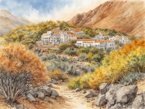 Eine malerische Landschaft mit einem kleinen, von Bergen umgebenen Dorf. Die Häuser haben helle Fassaden und orangefarbene Dächer. Der Vordergrund zeigt einen schmalen Pfad, der an kleinen, rötlichen und grünen Pflanzen sowie großen Steinen vorbeiführt. Die vegetation strahlt golden-orange Herbstfarben aus. Im Hintergrund erheben sich sanfte Hügel und Berge unter einem blauen Himmel mit vereinzelten Wolken, was die friedliche und einladende Atmosphäre dieses Ortes betont. Herbstferien auf den Kanaren – Sommerverlängerung garantiert.