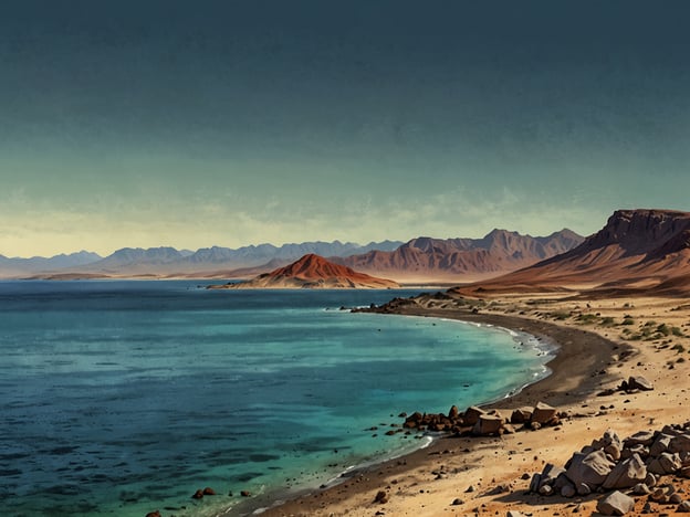 Auf dem Bild ist eine faszinierende Landschaft zu sehen, die die Schönheit der Natur widerspiegelt. Im Vordergrund erstreckt sich ein sanfter Strand mit kieseligen Abschnitten, der an ein türkisfarbenes Wasser grenzt. Das Wasser scheint klar zu sein und reflektiert die Farben des Himmels.Im Hintergrund erheben sich majestätische Berge, die in verschiedenen Brauntönen erscheinen und eine dramatische Kulisse bilden. Die Kombination aus dem ruhigen Wasser, dem Strand und den Bergen vermittelt ein Gefühl von Ruhe und Abgeschiedenheit. Diese Landschaft könnte Teil eines beeindruckenden Naturwunders sein, das die Vielfalt und den Reichtum der Erde zeigt.