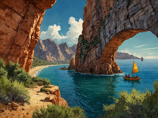 Auf dem Bild sind beeindruckende Landschaften zu sehen, darunter hohe Felsen und ein natürliches Felsentor, das über das Wasser führt. Aktivität im Freien wird durch die beiden Boote dargestellt, die auf dem türkisfarbenen Wasser unterwegs sind. Die Szenerie lädt ein zu Abenteuern wie Kajakfahren, Bootsausflügen oder sogar Erkundungstouren entlang der Küste. Die idyllische Umgebung und die Berge im Hintergrund bieten auch Möglichkeiten zum Wandern und zur Naturbeobachtung. Ein perfekter Ort für Naturliebhaber und Abenteuerlustige!