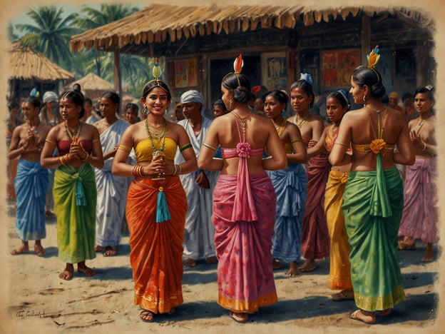 Auf dem Bild sind mehrere Frauen in traditionellen, farbenfrohen Gewändern zu sehen, die offensichtlich an einem kulturellen Event teilnehmen. Die Küste oder ein ländliches Umfeld im Hintergrund deutet darauf hin, dass dies möglicherweise ein Fest oder eine Feier ist, die Teil der lokalen Kultur ist.Solche Veranstaltungen sind oft mit Tänzen, Musik und traditionellen Riten verbunden. Die Damen könnten einen traditionellen Tanz aufführen, der in vielen Kulturen eine wichtige Rolle spielt, um Geschichten zu erzählen oder Gemeinschaftszugehörigkeit zu zeigen.In Bezug auf die lokale Küche sind solche Feste häufig mit speziellen Gerichten verknüpft. Typische Speisen könnten würzige Currys, Leckereien wie Samosas oder Desserts aus Reis und Kokosnuss umfassen, die in vielen Regionen Teil der Feierlichkeiten sind. Solche kulturellen Erlebnisse sind nicht nur eine Feier der Tradition, sondern auch eine Gelegenheit, lokale Speisen und Gemeinschaftsgeist zu erleben.