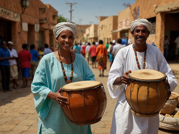 Auf dem Bild sind zwei Personen zu sehen, die traditionelle Musikinstrumente, vermutlich Trommeln, halten. Sie lachen und strahlen Freude aus, was auf eine kulturelle Feier oder ein Fest hindeutet. Die Kleidung der beiden ist typisch für ihre Kultur, mit farbenfrohen Accessoires und Kopfbedeckungen, die oft eine tiefere symbolische Bedeutung haben.Dieses Bild spiegelt die Vitalität und den Gemeinschaftsgeist der Traditionen wider, in denen Musik und Tanz eine zentrale Rolle spielen. Solche kulturellen Ausdrucksformen sind oft bei Festen oder Zeremonien zu sehen, die das Erbe einer Gemeinschaft unterstreichen. Die Umgebung zeigt eine belebte Straße, auf der weitere Menschen zu erkennen sind, die möglicherweise Teil dieser festlichen Atmosphäre sind.In vielen Kulturen ist Musizieren nicht nur eine Form der Unterhaltung, sondern auch eine Möglichkeit, Geschichten zu erzählen, Gemeinschaft zu stärken und alte Traditionen lebendig zu halten. Die dargestellte Szene könnte somit ein Beispiel für die reiche kulturelle Identität und die lebendigen Traditionen der Region sein.