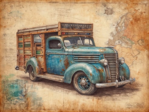 Ein nostalgischer, blauer Lastwagen aus den 1940er Jahren steht auf einem antik anmutenden Hintergrund, der eine Karte von Europa zeigt. Der Lastwagen hat eine rustikale, verwitterte Erscheinung mit angedeutetem Rost und Holzverkleidungen, die an den Seiten sichtbar sind. Die Front des Fahrzeugs ist geprägt von charakteristischen Linien, und der Kühlergrill strahlt einen charmanten Retro-Charakter aus. Dieser Anblick weckt Erinnerungen an vergangene Zeiten und vermittelt das Gefühl von Abenteuer und Entdeckungen.
