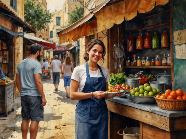 Auf dem Bild sieht man einen lebhaften Markt, wahrscheinlich in Israel. Eine lächelnde Verkäuferin steht an einem Stand, der frisches Obst und Gemüse anbietet. Solche Märkte sind typisch für viele Städte in Israel, wo die Besucher mit einer Vielzahl von lokalen Produkten vertraut gemacht werden.Kulinarische Erlebnisse in Israel sind oft geprägt von frischen, gesunden Zutaten wie Tomaten, Gurken und Zitrusfrüchten, die häufig in traditionellen Gerichten wie Salat, Hummus oder Falafel verwendet werden. Die bunte Auswahl und die lebendige Atmosphäre der Märkte laden dazu ein, die vielfältige israelische Küche zu entdecken und zu genießen.