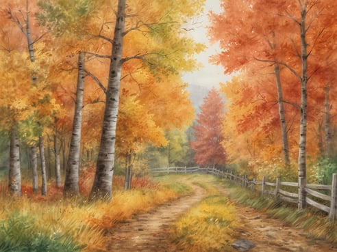 Ein malerischer Waldweg umgeben von bunten Laubbäumen, deren Blätter in leuchtenden Farben von Gelb, Orange und Rot leuchten. Die Bäume sind größtenteils Birken, die sich harmonisch in die herbstliche Landschaft einfügen. Der Weg führt sanft durch die Szene und ist von einem Zaun gesäumt, der an den Seiten verläuft. Diese Idylle ist ein typisches Beispiel für den Indian Summer, den man am besten in den nordamerikanischen Wäldern zwischen Ende September und Mitte Oktober erleben kann.