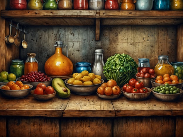 Auf dem Bild ist eine rustikale Küche zu sehen, die reich an frischen Lebensmitteln ist. Verschiedene Obst- und Gemüsesorten, darunter Tomaten, Äpfel, Zitronen und Avocados, sind in Schalen auf einem Holzregal angeordnet. Darüber hinaus befinden sich Gläser mit eingelegtem Gemüse und Säfte, die kulinarische Erlebnisse versprechen. Die Vielfalt dieser Zutaten lädt dazu ein, kreativ zu kochen und gesunde Gerichte zuzubereiten. Die warme Atmosphäre der Küche vermittelt ein Gefühl von Gastfreundschaft und Genuss.