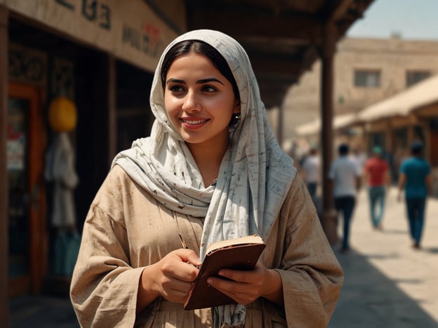 Auf dem Bild ist eine junge Frau zu sehen, die ein Notizbuch in der Hand hält und lächelt. Sie trägt eine modische Kopfbedeckung und eine lässige, traditionelle Kleidung. Im Hintergrund sind Menschen auf einem belebten Markt oder in einer Straße zu sehen.**Praktische Tipps für Besucher:**1. **Kleidung:** Achte darauf, respektvolle Kleidung zu tragen, die zu den lokalen Traditionen passt. In vielen Kulturen ist es üblich, die Schultern und Beine zu bedecken.2. **Notizbuch mitnehmen:** Ein Notizbuch ist perfekt, um Eindrücke, Gedanken oder wichtige Informationen festzuhalten. Es kann auch hilfreich sein, lokale Bräuche und Sitten zu notieren.3. **Freundlichkeit zeigen:** Ein Lächeln öffnet Türen! Lokale Einwohner schätzen es, wenn du freundlich und offen auf sie zugehst.4. **Marktkultur erleben:** Besuche lokale Märkte, um authentische Erfahrungen zu sammeln. Probiere regionale Speisen und kaufe handgefertigte Souvenirs.5. **Respektiere die Umgebung:** Halte dich an die örtlichen Vorschriften und respektiere die Privatsphäre der Menschen, besonders bei Fotos.
