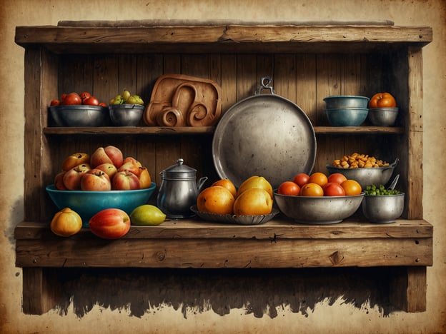 Auf dem Bild ist ein rustikales Regal zu sehen, das mit verschiedenen Früchten und ein paar Küchenutensilien dekoriert ist. Oben befinden sich Schalen mit Kirschen, Äpfeln, Zitrusfrüchten und Nüssen. Solche Arrangements sind oft Teil traditioneller Märkte oder Haushalte, wo frisches Obst und Gemüse eine zentrale Rolle spielen.In vielen Kulturen symbolisieren Früchte wie Äpfel und Weckäpfel Fruchtbarkeit und Wohlstand, besonders in Erntefesten oder Feierlichkeiten. Der Einsatz von Schalen und Töpfen aus Metall und Keramik deutet auf handwerkliche Traditionen hin, die in ländlichen Gebieten gepflegt werden.In familiären Zusammenkünften oder bei Festen spielt das Teilen von frischen Zutaten eine bedeutende Rolle, da es Gemeinschaft und Gastfreundschaft fördert. Solche Arrangements könnten auch eine Einladung zum gemeinsamen Essen darstellen, was in vielen Kulturen ein wichtiger Teil des sozialen Lebens ist.