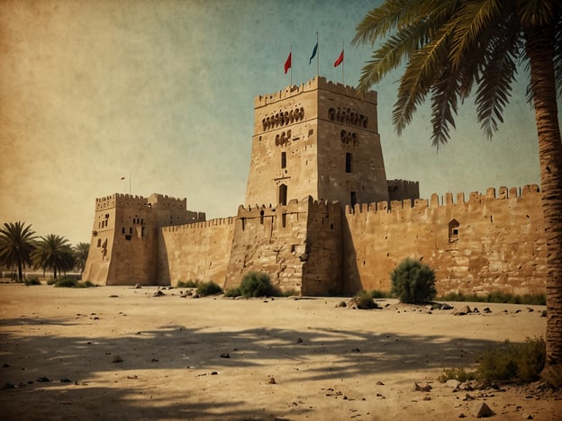Auf dem Bild ist die Bahrain-Festung (Qal'at al-Bahrain) zu sehen, eine der größten Sehenswürdigkeiten Bahrains. Diese historische Festung, die zum UNESCO-Weltkulturerbe gehört, wird oft als Symbol für die reiche Geschichte und Kultur des Landes angesehen. Die Festung hat eine strategische Lage und bietet einen faszinierenden Einblick in die vergangene Zivilisation Bahrains. In der Nähe sind auch Palmen zu sehen, die typisch für die Umgebung sind.