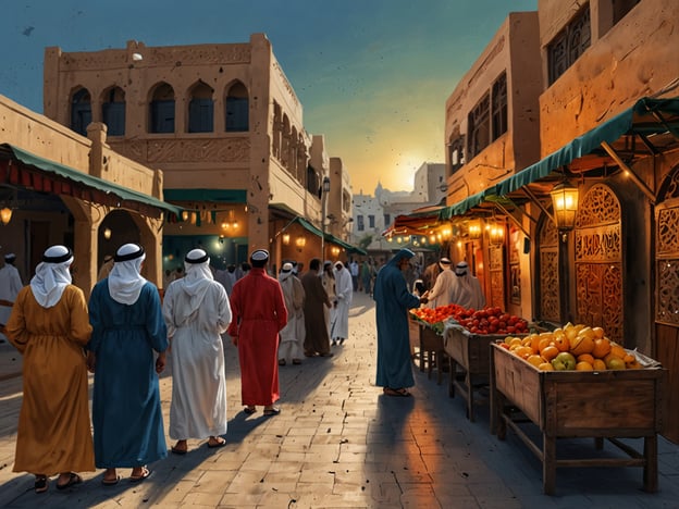 Auf dem Bild ist ein lebendiger Markt in einer arabischen Stadt zu sehen. Hier sind einige kulturelle Highlights:1. **Architektur**: Die Gebäude haben traditionelle arabische Elemente, wie kunstvolle Fenster und Verzierungen, die die reiche Baukunst der Region widerspiegeln.2. **Marktszene**: Der Markt zeigt eine Vielzahl von frischen Früchten, was das kulinarische Erbe und die Bedeutung von Handelsaktivitäten in der arabischen Kultur betont.3. **Kleidung**: Die Männer tragen traditionell lange Gewänder, die in vielen arabischen Ländern üblich sind. Diese Kleidung symbolisiert sowohl Identität als auch kulturelle Werte.4. **Atmosphäre**: Die Szene vermittelt ein Gefühl von Gemeinschaft und Geselligkeit, das typisch für traditionelle Märkte ist, wo Menschen sich treffen und austauschen.5. **Licht und Schatten**: Die Abenddämmerung im Hintergrund schenkt dem Bild eine warme, einladende Stimmung, die oft in den Märkten dieser Region zu finden ist.Insgesamt spiegelt das Bild die reiche Kultur, die Traditionen und das soziale Leben in einer arabischen Stadt wider.