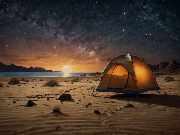 Auf dem Bild ist ein Zelt in einer beeindruckenden Wüstenlandschaft unter einem klaren Sternenhimmel zu sehen. Diese Kulisse perfektioniert abenteuerliche Aktivitäten wie:1. **Zeltcamping**: In der Natur übernachten und die Ruhe der Wüste genießen.2. **Sternenbeobachtung**: Unter dem klaren Himmel die Sterne und vielleicht sogar Sternschnuppen beobachten.3. **Wanderungen**: Die Umgebung erkunden, durch die Wüste wandern oder an den markierten Pfaden in den Bergen entlanggehen.4. **Fotografie**: Atemberaubende Landschaften einfangen und die Schönheit der Natur dokumentieren.5. **Feuermachen und Kochen**: Am Lagerfeuer einfache Mahlzeiten zubereiten und die Zeit mit Freunden oder Familie verbringen.Solche Aktivitäten bieten die perfekte Möglichkeit, Abenteuer und Entspannung miteinander zu verbinden.