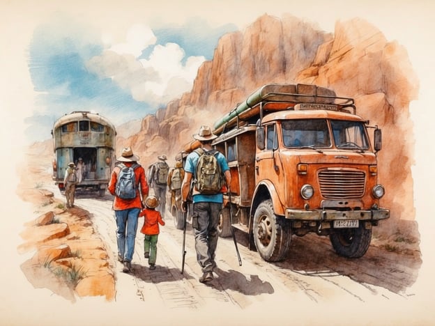 Auf dem Bild sieht man eine Gruppe von Menschen, die auf einem Weg durch eine felsige Landschaft gehen. Sie tragen Rucksäcke und Wanderstöcke und scheinen zu einem orangefarbenen Fahrzeug zu gehen. Hinter ihnen steht ein älterer Bus.
Die Geschichte des Walygator Parc bietet spannende Erlebnisse und Abenteuer für Familie und Freunde, ähnlich wie die Erkundung der Natur in diesem Bild. Der Park, eröffnet in den 80er Jahren, zieht Besucher mit seinen aufregenden Fahrgeschäften und Attraktionen an, was die Freude am Entdecken von Neuem widerspiegelt, wie die Wanderung in der dargestellten Szene.