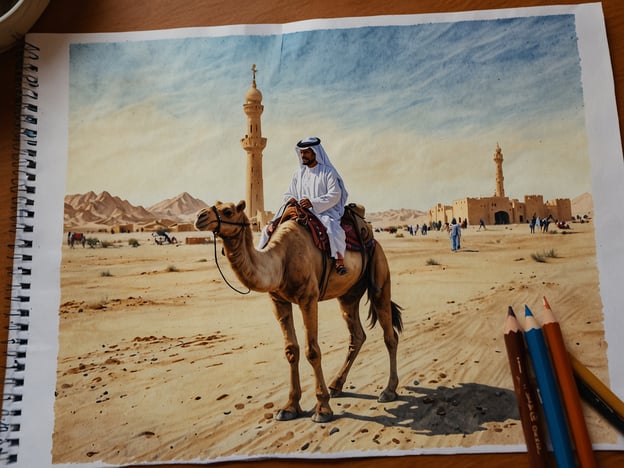 Auf dem Bild ist ein Beduine zu sehen, der auf einem Kamel in einer Wüstenlandschaft reitet. Dies erinnert an traditionelle Aktivitäten in Kuwait, wie Kamelreiten, das eine beliebte Touristenattraktion ist. Besucher können oft Wüstensafaris unternehmen, die das Reiten auf Kamelen und die Erkundung der beeindruckenden Wüstenlandschaften kombinieren.Zudem zeigt die Umgebung historische Elemente, die an die Kultur und Geschichte Kuwaits erinnern, wie alte Bauwerke und Moscheen. In Kuwait kann man auch traditionelle Märkte (Souks) besuchen, wo Handwerkskunst und lokale Produkte angeboten werden. Solche Erlebnisse bieten Einblicke in die reiche Kultur und Geschichte des Landes.