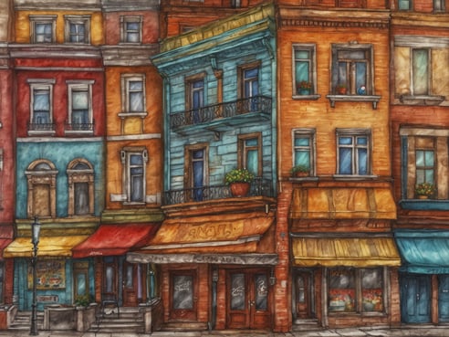 Bunte Gebäude im urbanen Stil prägen die Straßenszene in Montreal. Die Fassaden in verschiedenen Farben, wie Rot, Blau, Orange und Gelb, vermitteln einen lebhaften Eindruck der Stadt. Einige Fenster sind mit Blumen dekoriert, und die Geschäfte im Erdgeschoss haben unterschiedliche Markisen. Eine Straßenlaterne steht am Gehweg, während die gepflasterte Straße das Stadtbild abrundet und das künstlerische Flair Montreals unterstreicht.
