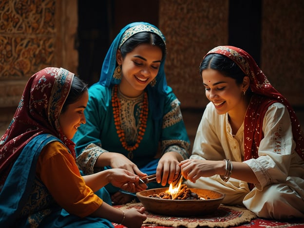 Auf dem Bild sind drei Frauen zu sehen, die in traditioneller Kleidung sitzen und mit einem Feuer oder einer Feuerstelle interagieren. Diese Szene könnte ein Teil von kulturellen oder familiären Traditionen sein, die sich um den Austausch und das gemeinsame Erlebnis drehen.Das Sitzen im Kreis und das Teilen von Aktivitäten symbolisiert oft Gemeinschaft und Zusammenhalt. Die Verwendung von Feuer in unterschiedlichen Kulturen hat tiefere Bedeutungen, darunter Reinigung, Wärme und Kochen, was oft zu festlichen Anlässen gehört. Die Frauen tragen farbenfrohe Kleider und Kopftücher, die in vielen Kulturen, insbesondere im südasiatischen Raum, zur Identität und Tradition beitragen.Solche Bilder sind häufig Teil von Festlichkeiten oder besonderen Anlässen, bei denen die Familie und die kulturellen Bräuche im Mittelpunkt stehen.
