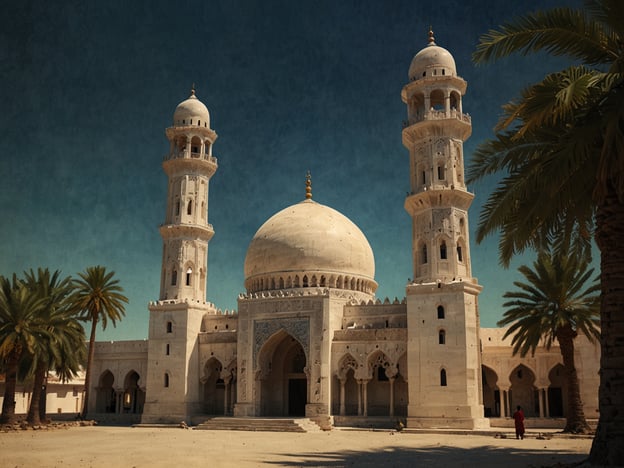 Das Bild zeigt eine prachtvolle Moschee, die sich durch Architektur mit geschwungenen Formen und kunstvollen Verzierungen auszeichnet. Im Oman gibt es viele beeindruckende Moscheen, die kulturelle Highlights des Landes sind. Besonders bekannt ist die Sultan-Qabus-Moschee in Maskat, die für ihre massive Kuppel und wunderschönen Innenräume berühmt ist.Ein weiteres bedeutendes Bauwerk ist die Al Jalali Festung, die hoch über der Stadt Maskat thront, sowie die Erhaltung der traditionellen Architektur in Orten wie Nizwa, wo sich das historische Fort Nizwa befindet. Der Oman ist reich an Kultur und Geschichte, was sich auch in seinen religiösen Stätten widerspiegelt.