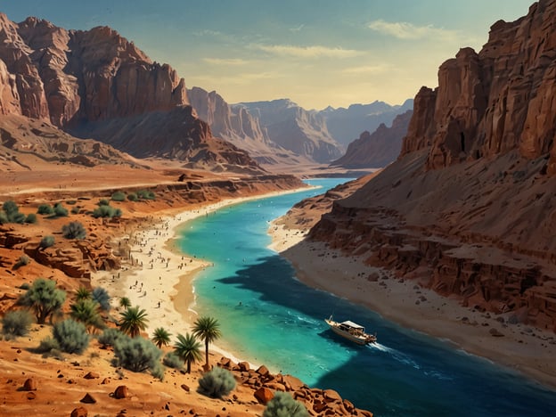 Auf dem Bild sieht man eine beeindruckende Landschaft mit einem klaren, blauen Fluss, der durch eine wunderschöne, von Bergen umgebene Wüste fließt. Diese Umgebung eignet sich hervorragend für verschiedene Aktivitäten im Oman.Hier sind einige Abenteuer, die man in einem solchen Szenario erleben könnte:1. **Wanderungen und Trekking**: Die umliegenden Berge bieten großartige Wanderwege für Abenteuerlustige, die die atemberaubende Aussicht genießen möchten.2. **Bootsfahren**: Mit einem traditionellen Dhau (Boot) auf dem Fluss zu fahren, wäre eine entspannende Möglichkeit, die Natur zu erkunden.3. **Schwimmen**: Die klare, einladende Wasseroberfläche lädt zum Schwimmen und Entspannen am Ufer ein.4. **Camping**: In der Nähe des Flusses könnte man ein Zeltlager aufschlagen und die Schönheit der Wüste unter dem Sternenhimmel erleben.5. **Birdwatching**: Die Gegend bietet möglicherweise auch Möglichkeiten zur Vogelbeobachtung, da viele Vogelarten in solch abwechslungsreichen Lebensräumen leben.Die Kombination aus Wüste, Wasser und Bergen macht diese Region im Oman zu einem idealen Ziel für Naturliebhaber und Abenteuerreisende.