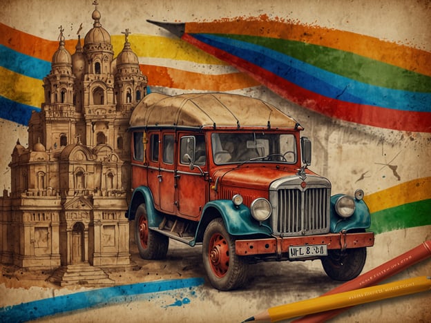 Auf dem Bild ist ein nostalgisches, buntes Fahrzeug zu sehen, das möglicherweise an die traditionellen Transportmittel aus der Sowjetzeit erinnert. Neben dem Auto erhebt sich eine große, detailreiche Architektur, die an historische Kirchen oder Monumente erinnert, typisch für osteuropäische Städte.Im Hintergrund sind farbige Streifen zu sehen, die an nationale Flaggen oder kulturelle Symbole denken lassen, wodurch eine Verbindung zur Identität und zu den Traditionen der Region entsteht. Diese Elemente zusammen verkörpern den Charme und die Traditionen einer reichen Kultur, die durch Geschichte und Gemeinschaft geprägt ist.