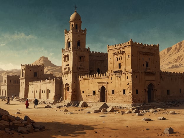 Auf dem Bild ist eine beeindruckende historische Stätte zu sehen, die an orientalische Architektur erinnert. Die Gebäude aus schlichtem, gelbbraunem Stein und die charakteristischen Türme könnten Teil eines alten Stadtzentrums oder einer Festung in einer Wüstenregion sein.Solche Strukturen sind oft Zeugen der Geschichte und erzählen von vergangenen Zivilisationen, die hier lebten. Beispiele für ähnliche Stätten sind die Kasbahs in Marokko oder die Lehmarchitektur in der Türkei. Diese Orte hatten oft strategische und kulturelle Bedeutung und dienten als Handelszentren oder Schutzbauten in schwierigen Zeiten.Die Anordnung der Gebäude und die umgebende Landschaft deuten darauf hin, dass diese Stätte möglicherweise einmal ein wichtiger Knotenpunkt auf alten Handelswegen war, beispielsweise entlang der Seidenstraße, wo Kulturen und Waren zusammenkamen und austauschten.
