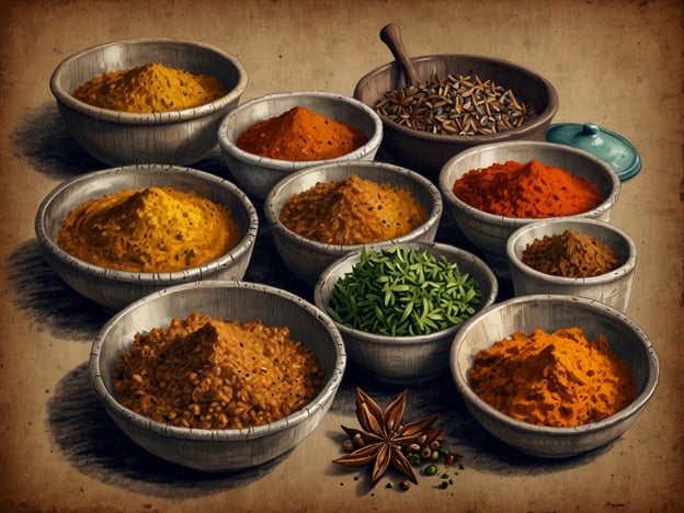 Auf dem Bild sind verschiedene Gewürze in Schalen angeordnet, die typisch für die jemenitische Küche sind. Kulinarische Erlebnisse im Jemen sind reichhaltig und vielfältig, geprägt von intensiven Aromen und traditionellen Zubereitungsweisen. Gewürze wie Kreuzkümmel, Kurkuma, und Zimt spielen eine zentrale Rolle in vielen jemenitischen Gerichten.Ein typisches Gericht ist beispielsweise "Zurbian", ein würziger Reis mit Fleisch und einer Vielzahl von Gewürzen. Auch die berühmte jemenitische Kaffeezubereitung, oft mit verschiedenen Gewürzen verfeinert, ist ein bedeutender Teil der Kultur. Diese Gewürze tragen dazu bei, den einzigartigen Geschmack der jemenitischen Küche zu kreieren und sind ein unverzichtbarer Bestandteil der täglichen Mahlzeiten.