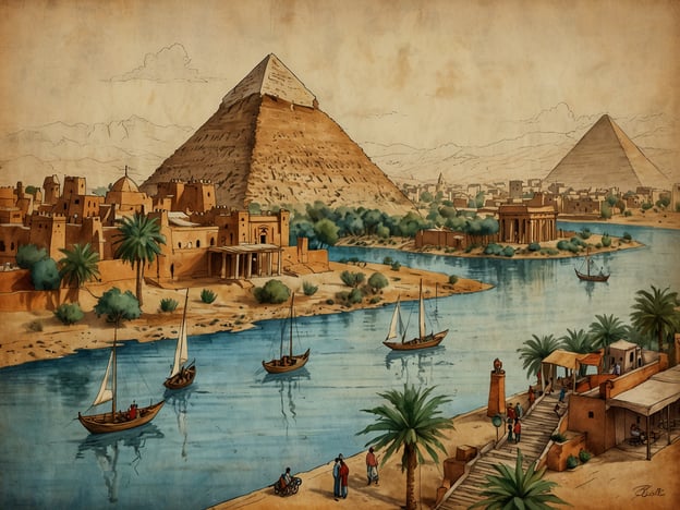 Das Bild zeigt eine malerische Landschaft, die von der ägyptischen Kultur inspiriert ist. Im Vordergrund sieht man den Nil mit traditionellen Segelbooten, die sanft über das Wasser gleiten. Am Ufer befinden sich Palmen und eine kleine Ansiedlung, die möglicherweise eine alte Stadt darstellt.Im Hintergrund stechen die majestätischen Pyramiden hervor, die emblematisch für das alte Ägypten stehen. Diese Bauwerke sind nicht nur architektonische Meisterwerke, sondern auch ein symbolisches Erbe der Pharaonen und ihrer übernatürlichen Glaubensvorstellungen. Die Pyramiden waren einst Grabstätten und sind heute Weltwunder, die Touristen aus aller Welt anziehen.Die Darstellung verweist auf die bedeutende Rolle, die der Nil in der Ägyptischen Zivilisation spielte, aufgrund seiner lebensspendenden Wasserressourcen, die die Landwirtschaft und das tägliche Leben der Menschen beeinflussten. Insgesamt fängt das Bild die Harmonie zwischen Mensch und Natur in der reichen ägyptischen Geschichte ein.