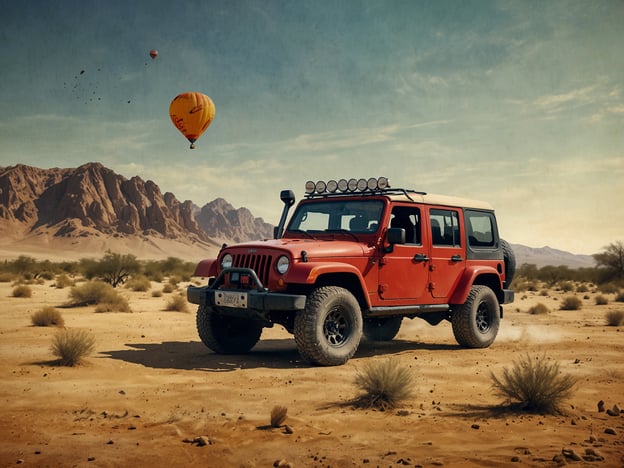 Auf dem Bild ist ein rotes Offroad-Fahrzeug zu sehen, das durch die Wüste fährt. Diese Art von Fahrzeug ist ideal für Abenteuer in Ägypten, wo man aufregende Wüstensafaris unternehmen kann. Besucher können die spektakuläre Landschaft erkunden, die von Sanddünen und beeindruckenden Felsformationen geprägt ist.Zusätzlich sieht man im Hintergrund einen Heißluftballon, der eine weitere spannende Aktivität darstellt. Eine Ballonfahrt über die Wüste oder die Pyramiden von Gizeh bietet atemberaubende Ausblicke und ein unvergessliches Erlebnis. Solche Abenteuer sind Teil der einzigartigen Attraktionen, die Ägypten seinen Besuchern bietet.
