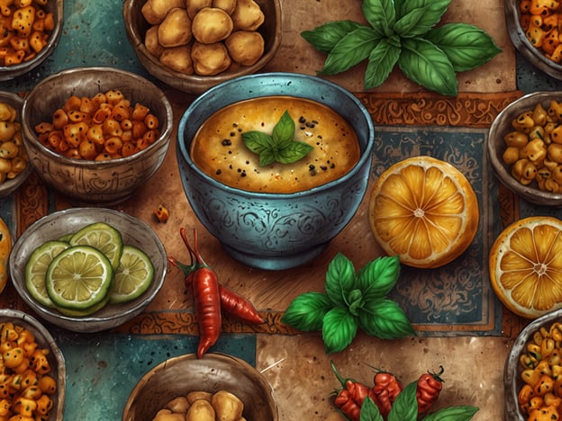 Auf dem Bild sind verschiedene kulinarische Genüsse zu sehen, die typisch für die tunesische Küche sind. In der Mitte steht eine Schale mit einer Soupe oder einem Dip, möglicherweise einer Variante von Harissa. Daneben befinden sich Schalen mit knusprigen Snacks, die an die tunesischen Grissini oder frittierten Teigwaren erinnern könnten.Es gibt auch frische Zutaten wie Zitronen und Limetten, die häufig in der tunesischen Küche verwendet werden, sowie einige grüne Kräuter, vermutlich Minze. Rote Chilischoten sind ebenfalls zu sehen, die für die Gewürze und Schärfe in vielen Gerichten wichtig sind.Die Anordnung dieser Gerichte und Zutaten spiegelt die Vielfalt und den Reichtum der tunesischen Gastronomie wider.